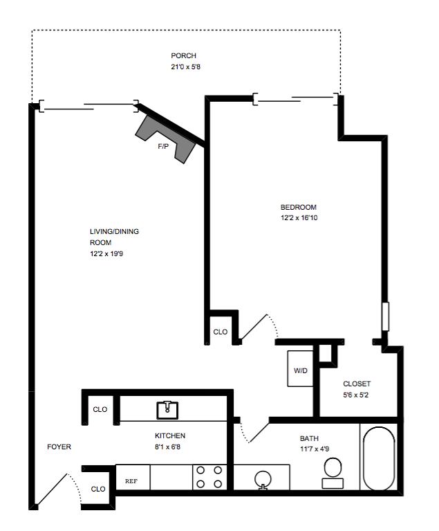 Floor plan for 1 bed, 1 bath, 597 sqft